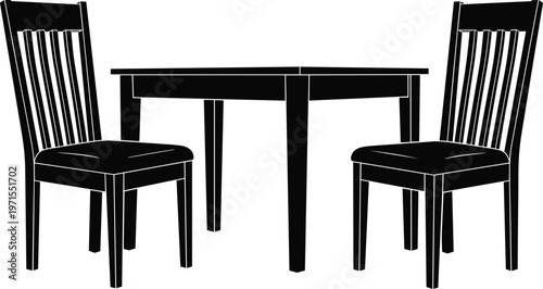 Dining table and chairs silhouette featuring minimalist furniture set, black vector illustration for home interior, kitchen, and dining room design concepts