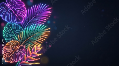 Vibrant neon gradient illuminated tropical leaves burst with electric colors against a dark cosmic backdrop for creative digital
