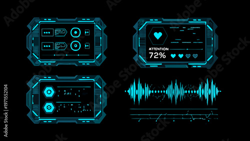 Futuristic user interface elements with glowing blue lines on black background