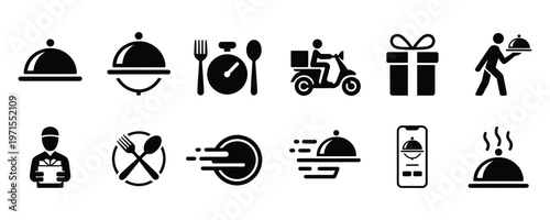 Food delivery icons including cloche, Utensils, And mobile order symbols
