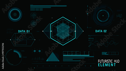 Futuristic interface display with geometric shapes and data visualizations