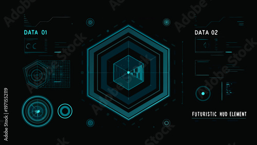 Futuristic heads up display with hexagonal interface and digital data elements