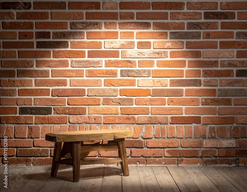 Rustic Wooden Stool Against Exposed Brick Wall with Soft Lighting