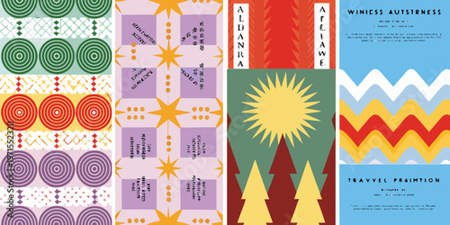 Colorful geometric patterns and typography reminiscent of vintage travel posters