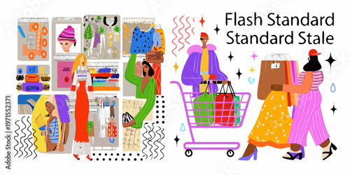 Colorful illustration of fashionable people shopping with various items