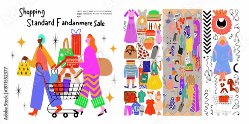 Colorful illustration depicting women shopping with various sale items
