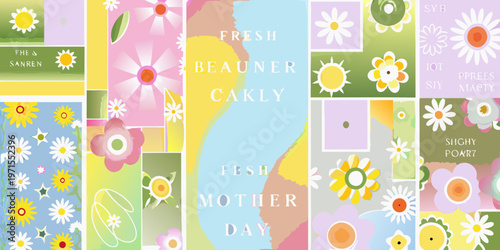 Colorful floral pattern with text elements and a patchwork aesthetic