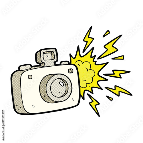 Cartoon illustration of a grey camera with a bright yellow flash effect going off.