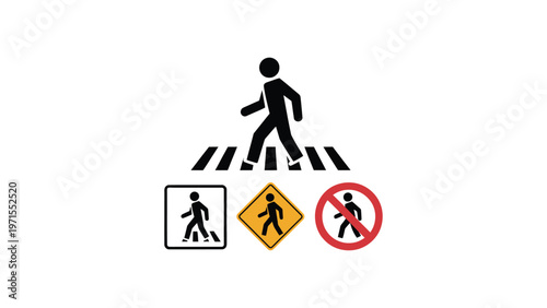 Pedestrian signage illustration showing walking crosswalk symbol, caution warning sign, and prohibition symbol isolated on white background