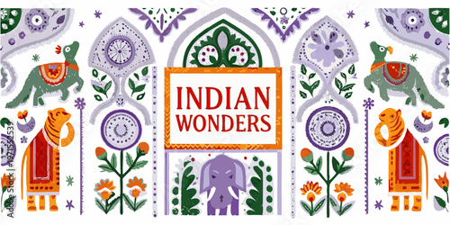 A colorful illustration featuring indian animals floral patterns and decorative arches