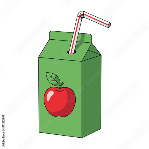 A green carton of apple juice with a red apple illustration and a striped straw inserted