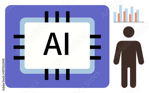Artificial intelligence, data analysis, technology, human-machine interaction, innovation, research. AI chip icon next to human silhouette and bar chart. Artificial intelligence and data analysis