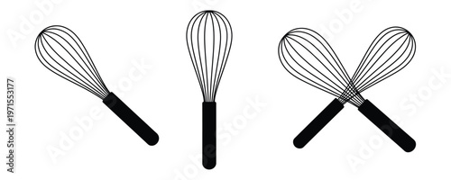 Three black wire whisks on white background kitchen utensils