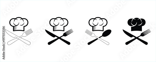 Four chef hat and crossed utensil icons in various black and white styles for restaurant or cooking concepts