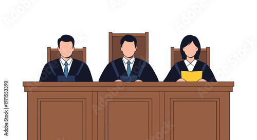 Panel of three legal judges sitting behind a high wooden bench in a courtroom prepared to preside over a legal trial or hearing.
