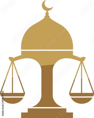 Golden mosque dome with crescent moon and balanced scales symbolizing justice and fairness in religion  harmony and equality concept
