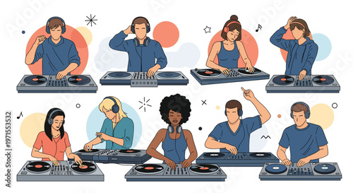 Various male and female disc jockeys performing at turntables and mixing music with headphones in a vibrant and creative set of illustrations.