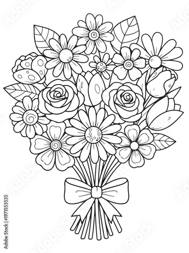 A vibrant bouquet of flowers coloring page for kids