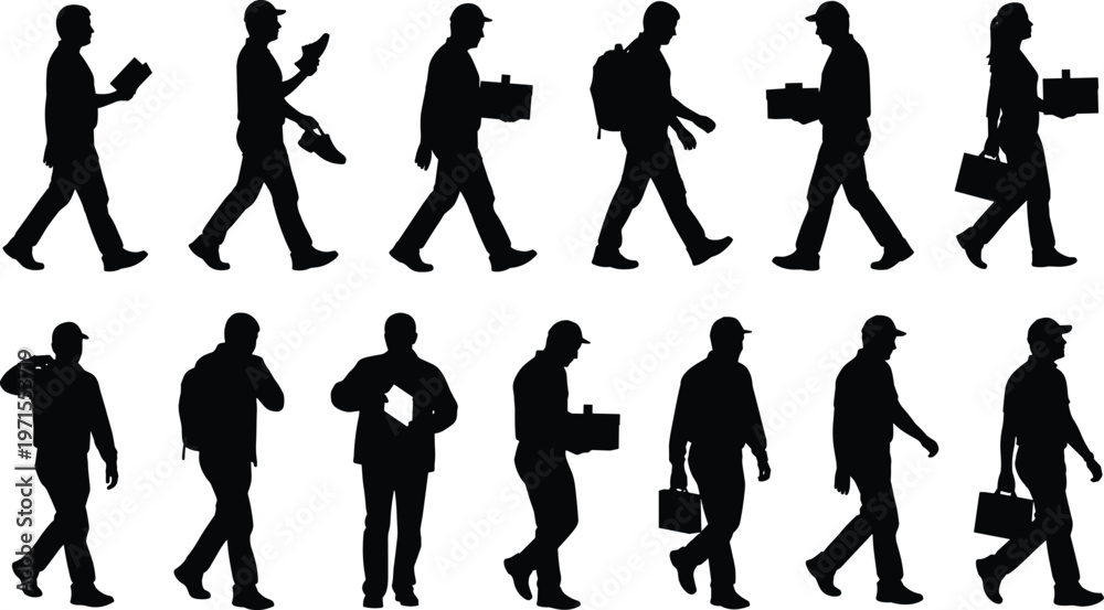 Fototapeta premium Worker silhouettes collection, people walking carrying tools boxes and bags, labor workforce concept, industrial workers set, construction and delivery illustration