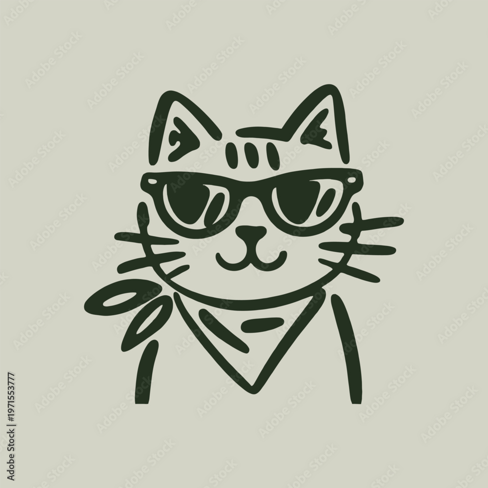 Fototapeta premium Artistic drawing of a cat in sunglasses with a bandana, minimalist style