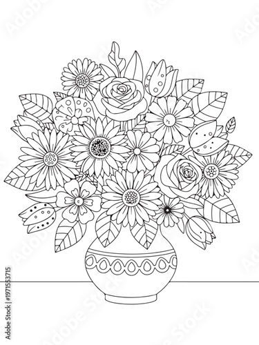 A vibrant bouquet of flowers coloring page for kids