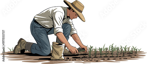 A male farmer wearing a straw hat and jeans plants seedlings in rich soil, embodying agricultural work and growth.