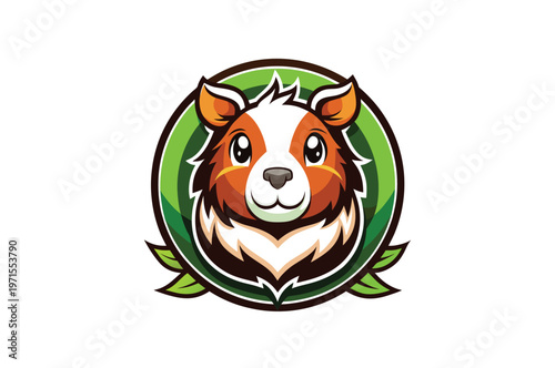 Stylized cartoon dog head logo with green leaves surround the central image, giving it a natural or organic feel, pet lover, digital art