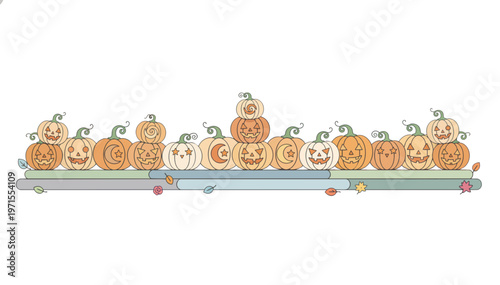 Ultra wide panoramic banner of jack-o-lanterns. Flat vector illustration of Halloween pumpkins isolated on transparent background