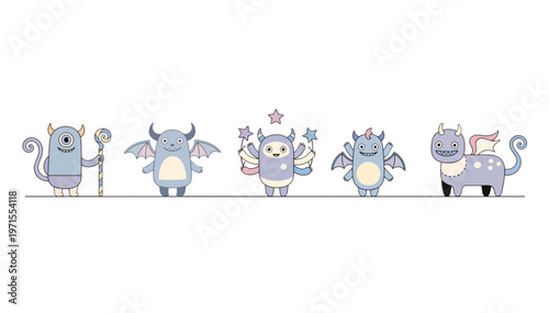 Ultra wide panoramic banner of monsters. Flat vector illustration of fantasy creatures isolated on transparent background