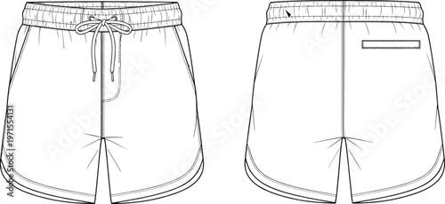 women shorts mockup, front back view, drawstring waistband design, casual summer apparel, fashion illustration, editable clothing template, isolated garment design