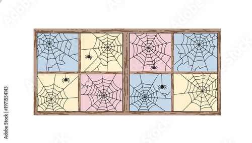 Spiderweb on an old wooden window frame. Ultra wide panoramic banner flat vector illustration. Spooky Halloween architectural element isolated on transparent background