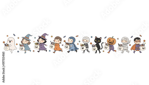 Ultra wide panoramic banner of children trick or treating. Kids in Halloween costumes running with candy. Flat design vector illustration isolated on transparent background