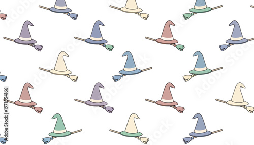 Ultra wide panoramic banner of witch hats and broomsticks. Pastel flat design vector pattern. Halloween holiday background element isolated on transparent background