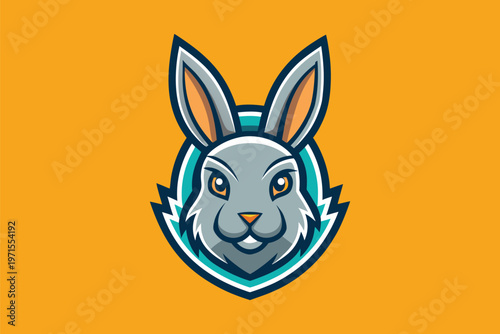 Cartoon rabbit head logo with green and orange circle with pet owner with digital art