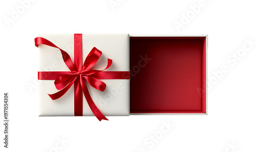 White gift box with red ribbon and bow, isolated on transparent background. png