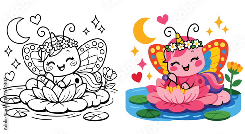 Sweet hybrid insect character sitting inside pink water lily under moon and stars. Night scene with pond ripples and lily pads. Magical coloring page for toddlers and preschool children art book.