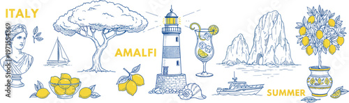 A set of blue line drawings depicting various lighthouses and houses situated by the sea. 