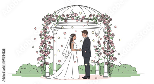Wedding Ceremony Couple Holding Hands Under Rose Arch
