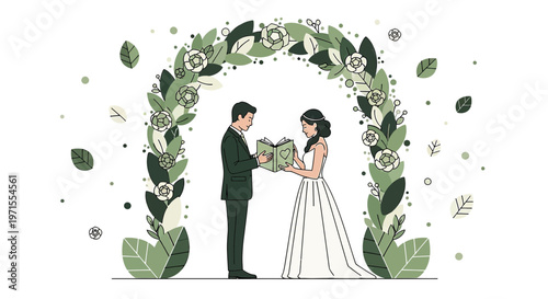 Wedding Ceremony: Couple Under Floral Arch Exchanging Vows
