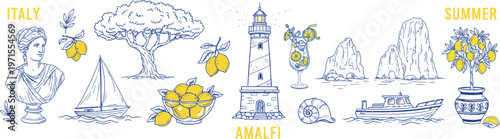 A set of blue line drawings depicting various lighthouses and houses situated by the sea. 