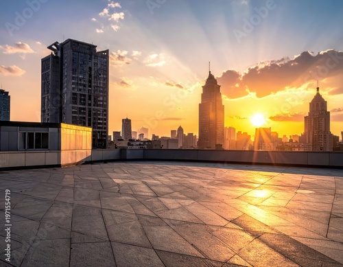 Urban Sunset Over City Skyline with Modern Architecture and Clouds