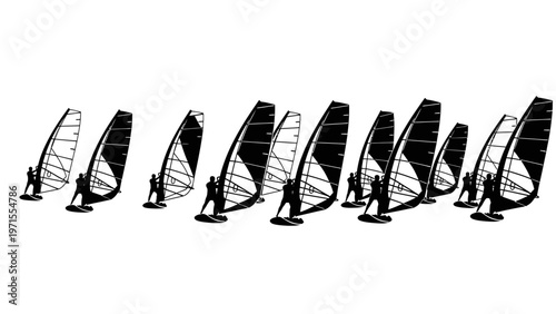 Row of multiple satellite dishes with varying reception angles on stands against a white background.