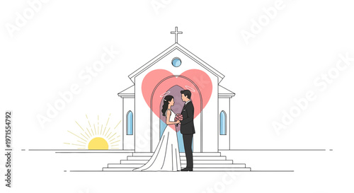 Wedding Couple at Church with Heart Arch, Sunrise Symbolizing New Beginning