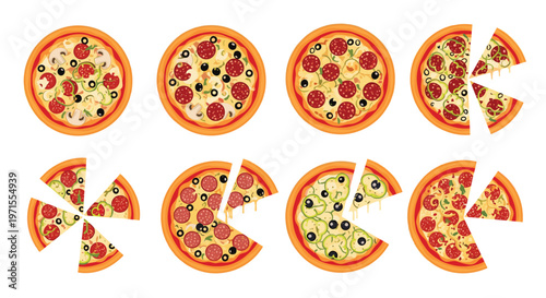 Selection of various whole pizzas and individual slices with different toppings like pepperoni, mushrooms, and peppers.