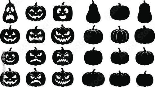 Diverse set of black Halloween pumpkin silhouettes and jack o lantern faces with spooky funny and scary expressions isolated on white background for autumn holiday.