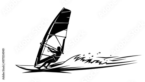 A windsurfer rides a wave with a large sail on a plain white background in a dynamic motion.
