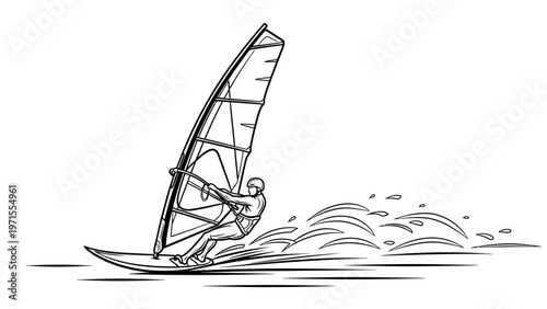 A windsurfer in action gliding across the water with a large sail and creating splashes in a dynamic and sporty scene.