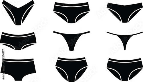Collection of black women's underwear silhouettes featuring various panty styles like bikini thong hipster and boyshorts isolated on white background for lingerie fashion design projects.