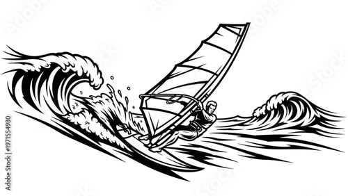 Black and white illustration of a windsurfer riding a wave with a sailboard on a plain white background with dynamic lines.