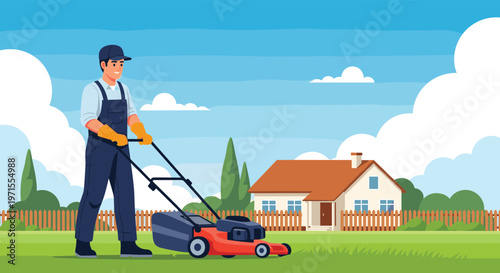 Professional gardener in overalls uses a red lawn mower to trim the green grass in front of a modern suburban house.